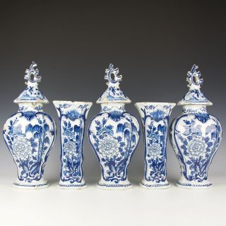 A Fine Antique 18th Century Dutch Delft Blue & White Cabinet Garniture Set