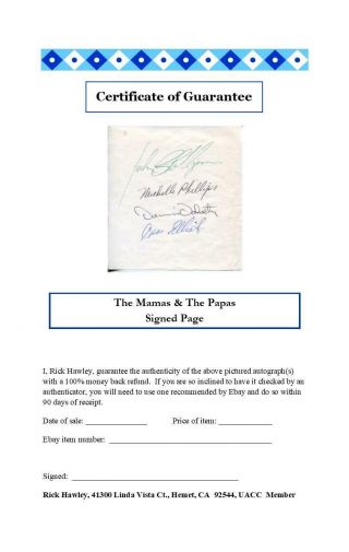 The Mamas & The Papas Autograph Signed page Cass Elliot Denny John Phillips,  1 2