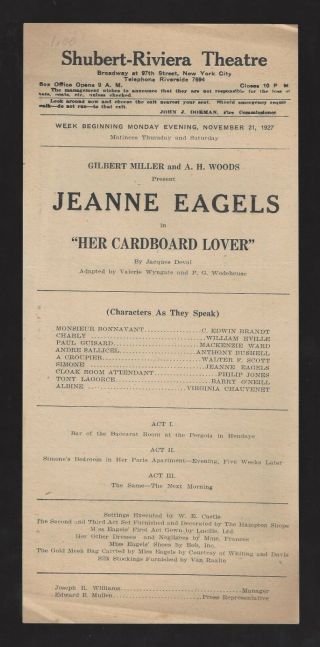 Jeanne Eagels " Her Cardboard Lover " Shubert 