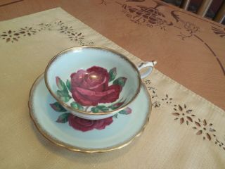 Paragon Red Rose Light Green Cup and Saucer Double Warrant Signed R Johnson 10