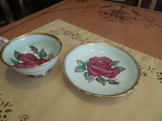 Paragon Red Rose Light Green Cup and Saucer Double Warrant Signed R Johnson 9