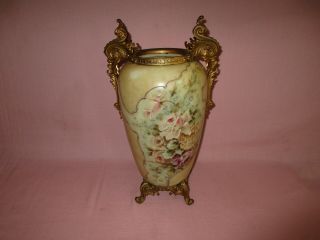 Antique 19th C Wave Crest Art Glass Rose Flower Large Gilt Handled Vase 17.  5 "