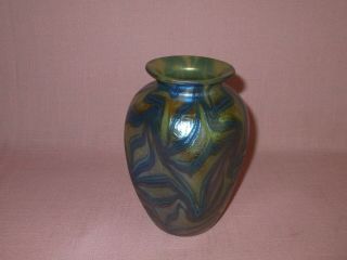 Antique Loetz Austria C 1901 Pinched Phanomen Blue Stretched King Tut Vase 5.  75 "