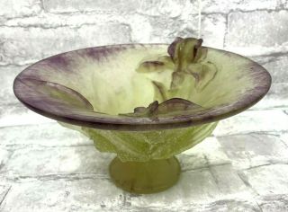 Daum France Signed Art Glass Green Purple Pate De Verre Iris Bowl