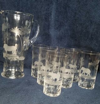 Rowland Ward Nairobi Queens Lace Crystal Pitcher And Tumbler Set.  7 Tumblers.