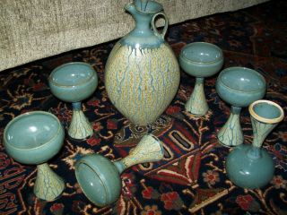 Vintage Mid Century Modern Studio Pottery Stoneware Ceramic Goblets & Pitcher