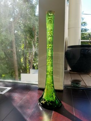Tall 24 " Art Nouveau Moser Vase Green Glass Sycamore Design Gold Painted