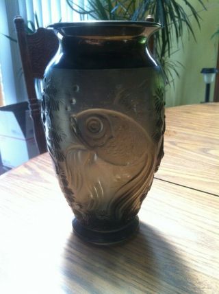 Signed R Lalique France Dark Grey With Iridescent Top 9 " Fish Motiff Vase