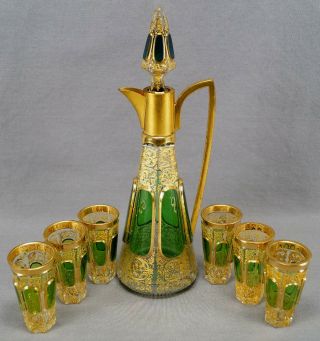 Moser Green Cut To Clear Crystal & Gold Scrollwork Liquor Set Circa 1900 - 1910