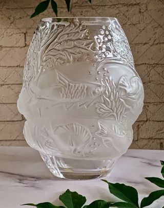 Lalique French Crystal Marina Vase Signed Authentic Underwater Scenes,  Box 3
