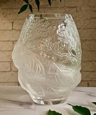 Lalique French Crystal Marina Vase Signed Authentic Underwater Scenes,  Box 5