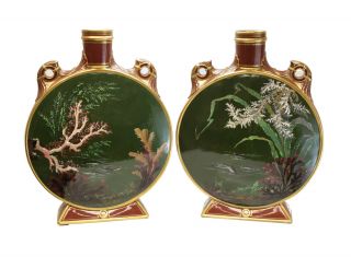 Pair Large Minton England Porcelain Moon Flask Vases By William Musill,  1877