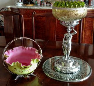 Thomas Webb,  1880 ' s English Cased Satin Glass Bridal Bowl w/Silver Basket Set 12