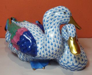 Herend Blue Fishnet Sitting Ducks 15035 Perfect 11.  5 " Gold Multi Colored Large