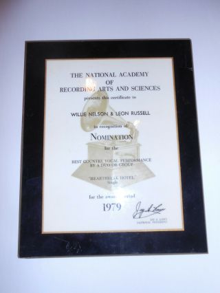 1979 Willie Nelson & Leon Russell Grammy Nomination Award For Heartbreak Hotel