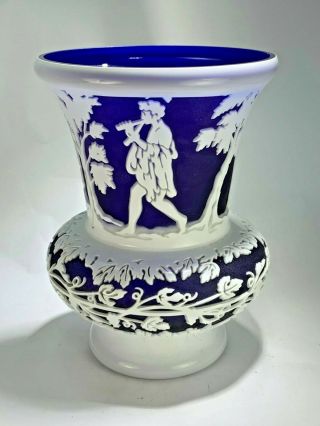 Vintage Kelsey Murphy Pilgrim Cameo Glass Vase Cobalt & White Musicians Signed
