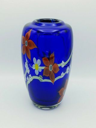 Stunning Orient & Flume Art Glass Vase Cobalt Blue Crystal Floral Cased 9 " Tall
