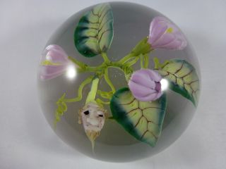 Jim Donofrio Pink Flowers And Fairy Goblin Root Glass Paperweight
