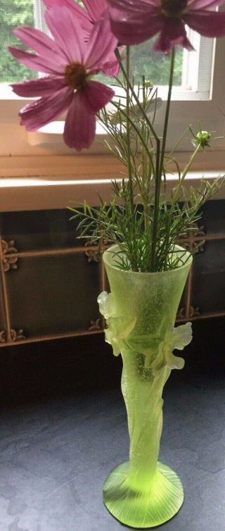Daum France Vert Green Orchid Vase Pate De Verre Signed 7