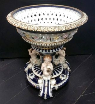 Meissen Germany Porcelain Urn Vase Cherub Figural Compote 15.  5  Centerpiece