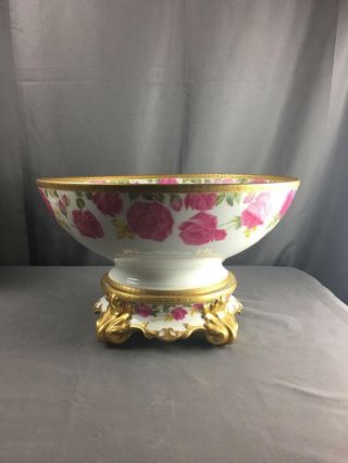 Antq Ca 1910 Limoges T&v Cabbage Rose Hand Painted Punch Bowl W/ Pedestal