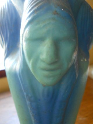 RARE VAN BRIGGLE POTTERY VASE WITH THREE INDIAN HEADS BLUES AND GREENS 10