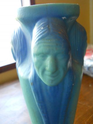 RARE VAN BRIGGLE POTTERY VASE WITH THREE INDIAN HEADS BLUES AND GREENS 2
