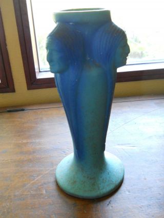RARE VAN BRIGGLE POTTERY VASE WITH THREE INDIAN HEADS BLUES AND GREENS 4