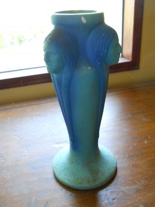 RARE VAN BRIGGLE POTTERY VASE WITH THREE INDIAN HEADS BLUES AND GREENS 5