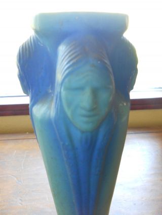 RARE VAN BRIGGLE POTTERY VASE WITH THREE INDIAN HEADS BLUES AND GREENS 6
