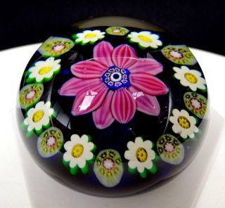Paul Ysart Signed Pink Floral And Millefiori Canes Cobalt 2 3/4 " Paperweight