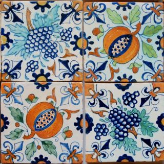 16 Antique Delft delftware tiles carreaux with pomegranates and grapes,  1620. 3