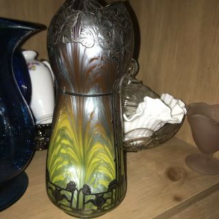 Art Glass Bohemian Loetz Titania Vase W/ Sterling Silver Overlay.