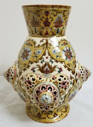 Antique Zsolnay Pecs Majolica Maiolica Vase Lamp Base Islamic Style Porcelain