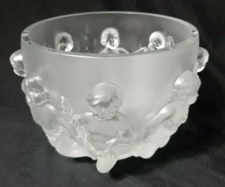 Lalique Glass Luxembourg Cherubs Frosted French Crystal Bowl Vase,  8 1/2 " X 13 "