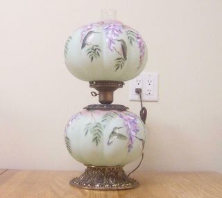 Fenton Glass " Hummingbirds " Lotus Mist Ooak Cc Hardman Green Burmese Ball Lamp