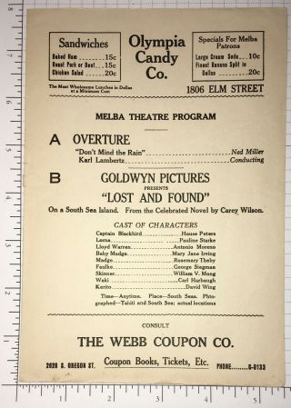 1923 Melba Theatre Dallas Tx Program Goldwyn Lost Found South Sea Advertisements