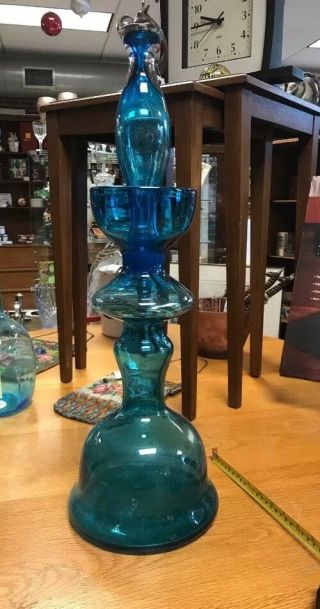 Blenko Glass Decanter in Aqua by Wayne Husted Large Floor Architectural 2