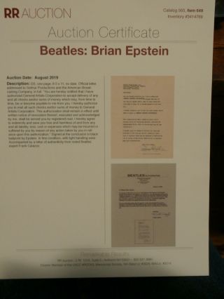 Price Beatles,  Brian Epstein signed Letter,  Caiazzo & R&R 3