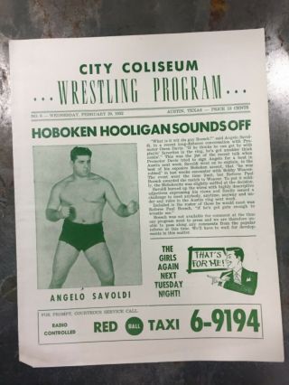 Wwf/wrestling Vintage Program,  Austin Texas/february 1952