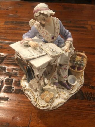 Rare Meissen Figurine Lady Sitting Writing On Table With Gifts Nr