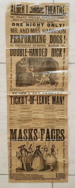 ✅ Rare 19 Century Theatre Playbill 90cm Long - Double - Handed Dick