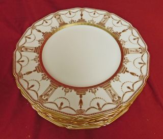 11 Antique Royal Doulton Scalloped Gold Encrusted On Ivory Dinner Plates -