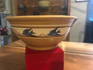 Rare Vtg Antique Early Mccoy Yellow Ware Bowl Bluebird And Pink Clouds Stone