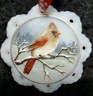 Fenton Art Glass Ornament Cardinal Winter Holiday Christmas Ooak By Cc Hardman