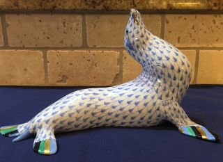 Herend Extra Large Seal 8 " / Sea Lion 15365 - Blue Fishnet