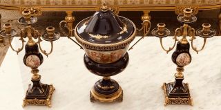 French Ormolu Urn Mounted Porcelain And Flanking Candelabras 22k Gold
