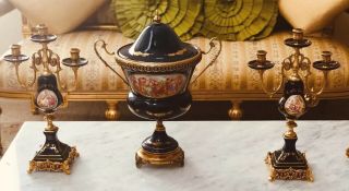 French Ormolu Urn mounted porcelain and Flanking candelabras 22k Gold 2