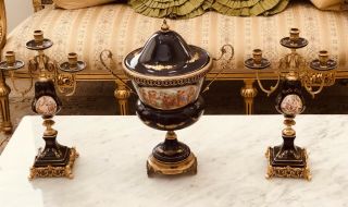 French Ormolu Urn mounted porcelain and Flanking candelabras 22k Gold 3