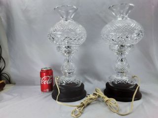 Pair Waterford Alana 14 In Irish Crystal Electric Hurricane Lamps W/ Wood Bases